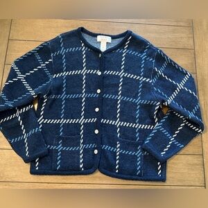 Vintage Tally Ho Plaid Knit Cardigan Sweater Womens Medium Blue White 80s